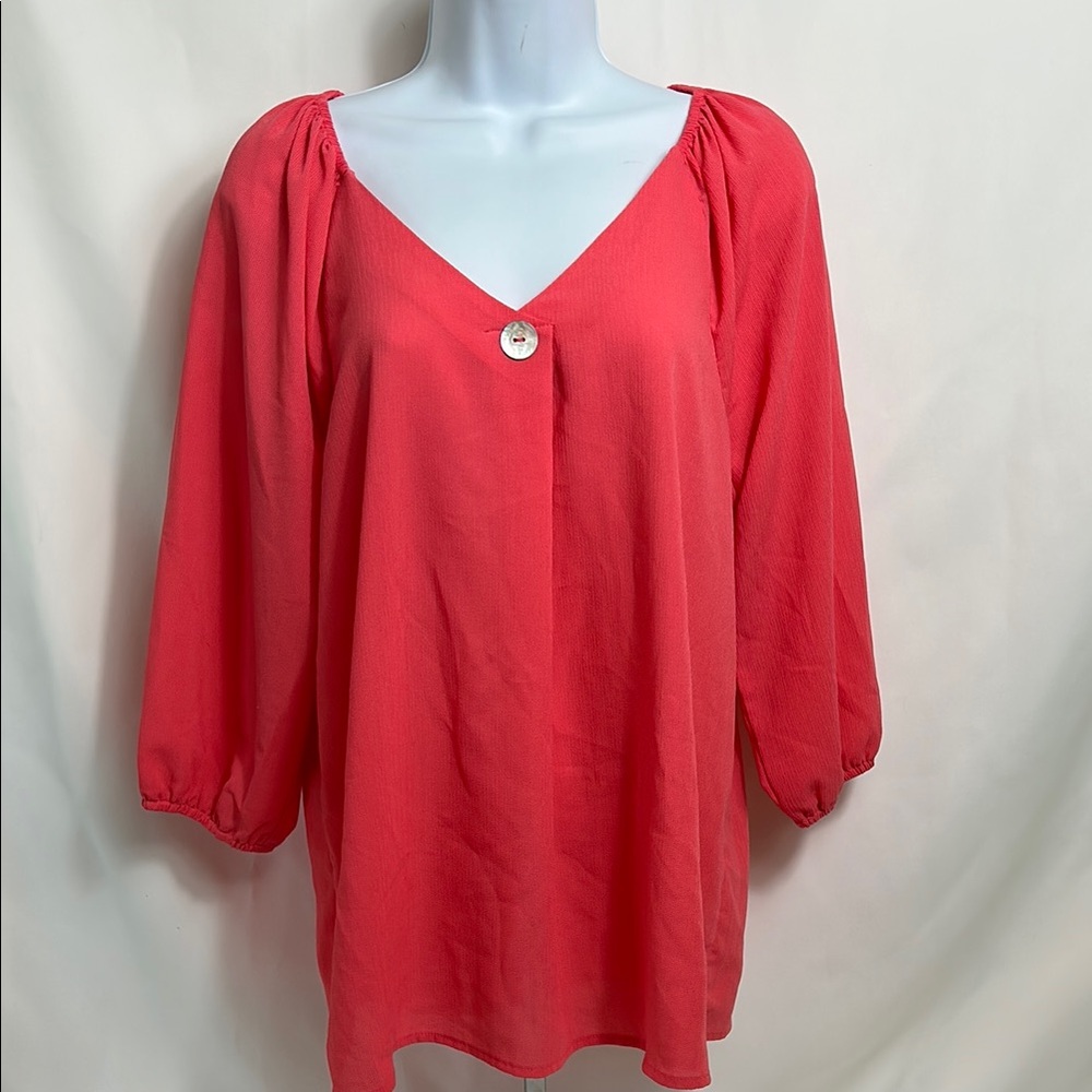 Women's Size Medium Coral V-Neck Blouse Adrianna Vittadini Designer Shirt
